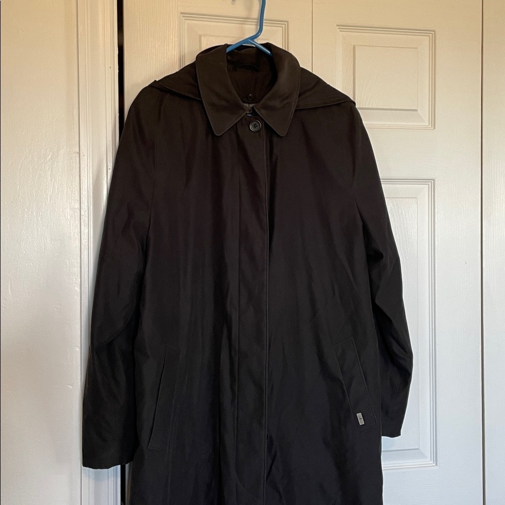 Women’s 16 London Fog Full LengthTrench Coat Black Hooded Lined hidden buttons